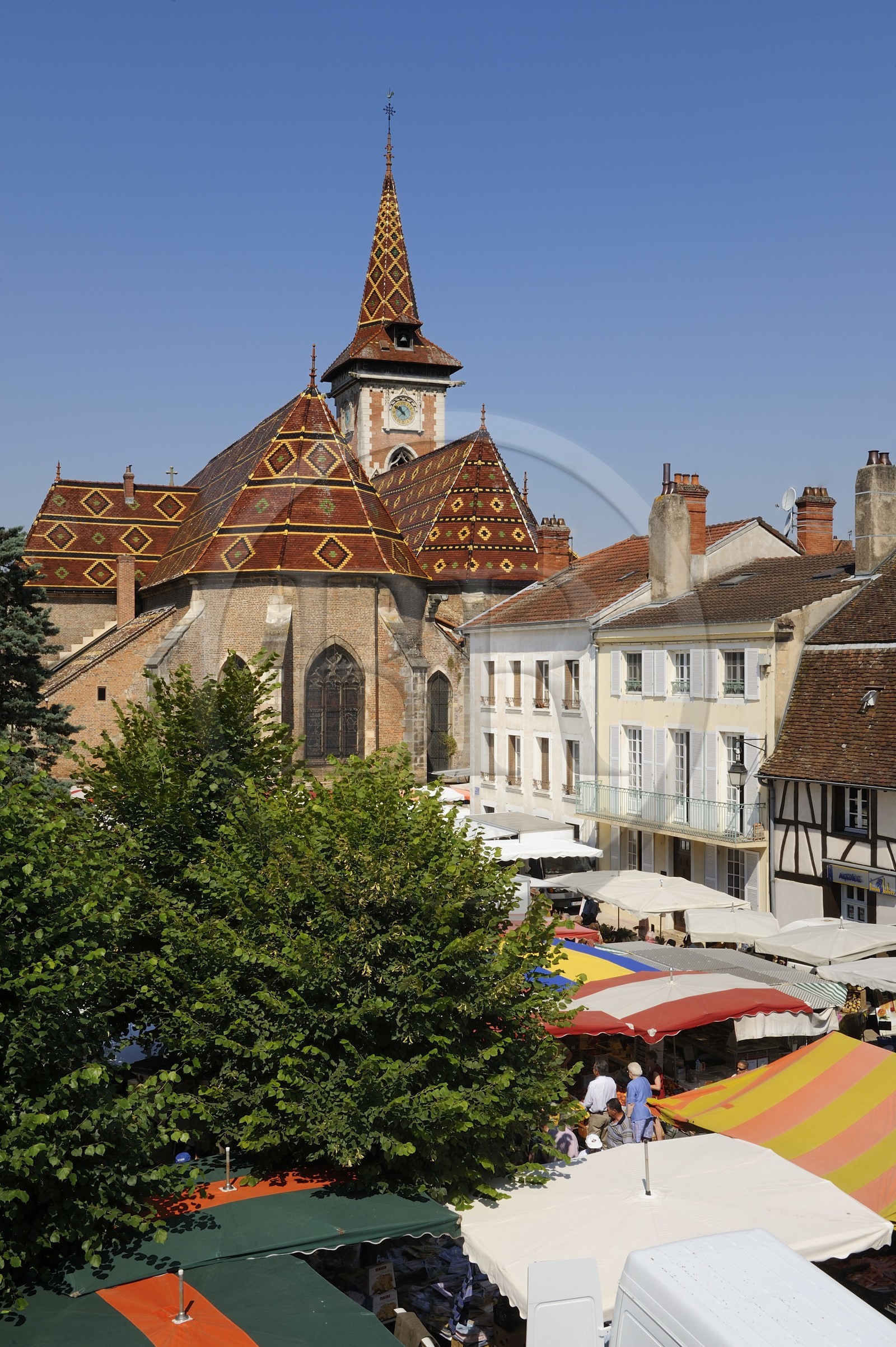 France, Saône et Loire (71), Louhans, le marché du lundi et l'église à tuiles vernissées