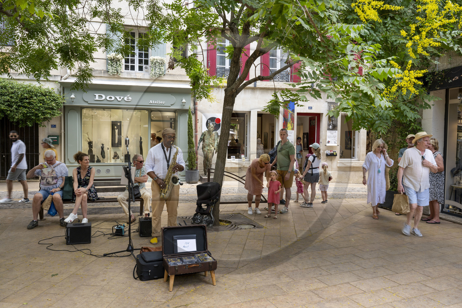 France, Bouches-du-Rhône (13), Parc Naturel Régional des Alpilles, Saint-Rémy-de-Provence, musicien de rue sur la petite place rue Carnot