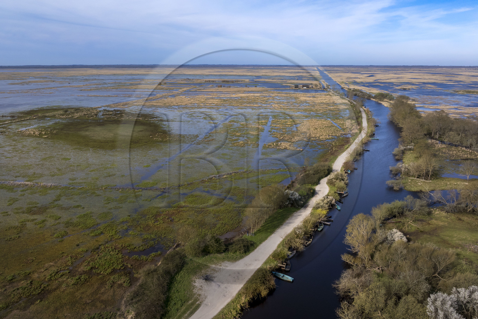 France, Loire-Atlantique, Parc Naturel Regional de la Briere (Briere Natural Regional Park), Saint Malo de Guersac, panorama of the Brière marshes and the Rozé canal (aerial view)