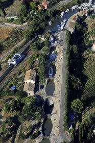 France, Herault, Canal du Midi listed as World Heritage by UNESCO, Beziers, the locks of Fonserannes or Fonseranes build by Pierre-Paul Riquet (aerial view)