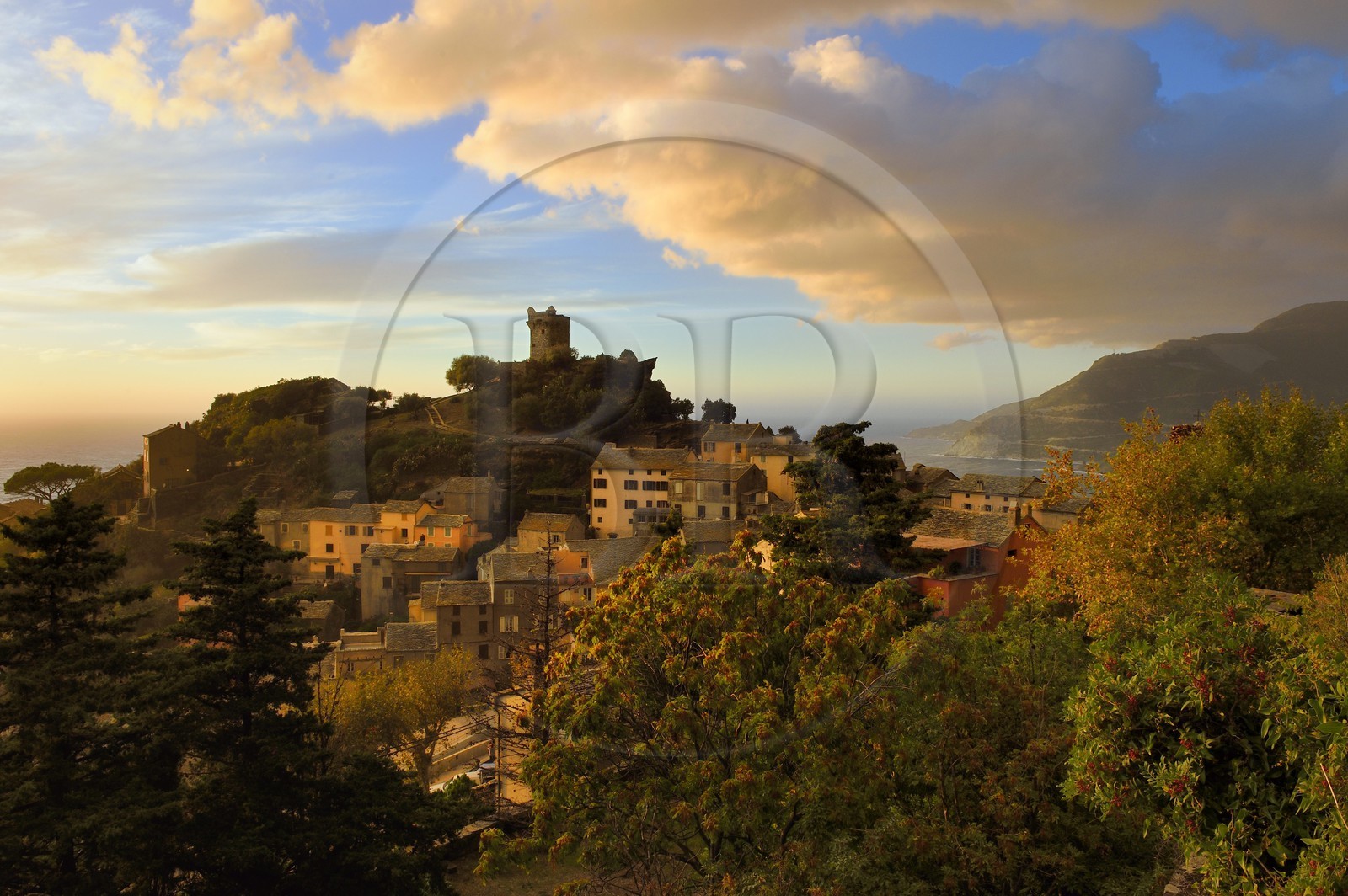 France, Haute Corse, Cap Corse, the hilltop village of Nonza and the Paoline Tower (Torra paolina)