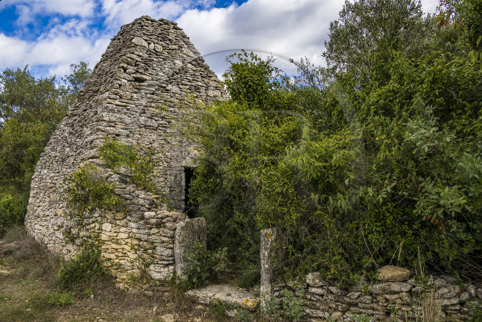 France, Gard (30), Uzès, capitelle, cabane en pierre sèche servant autrefois d'abri temporaire à de petits propriétaires, à leurs outils et à leurs produits agricoles dans les garrigues