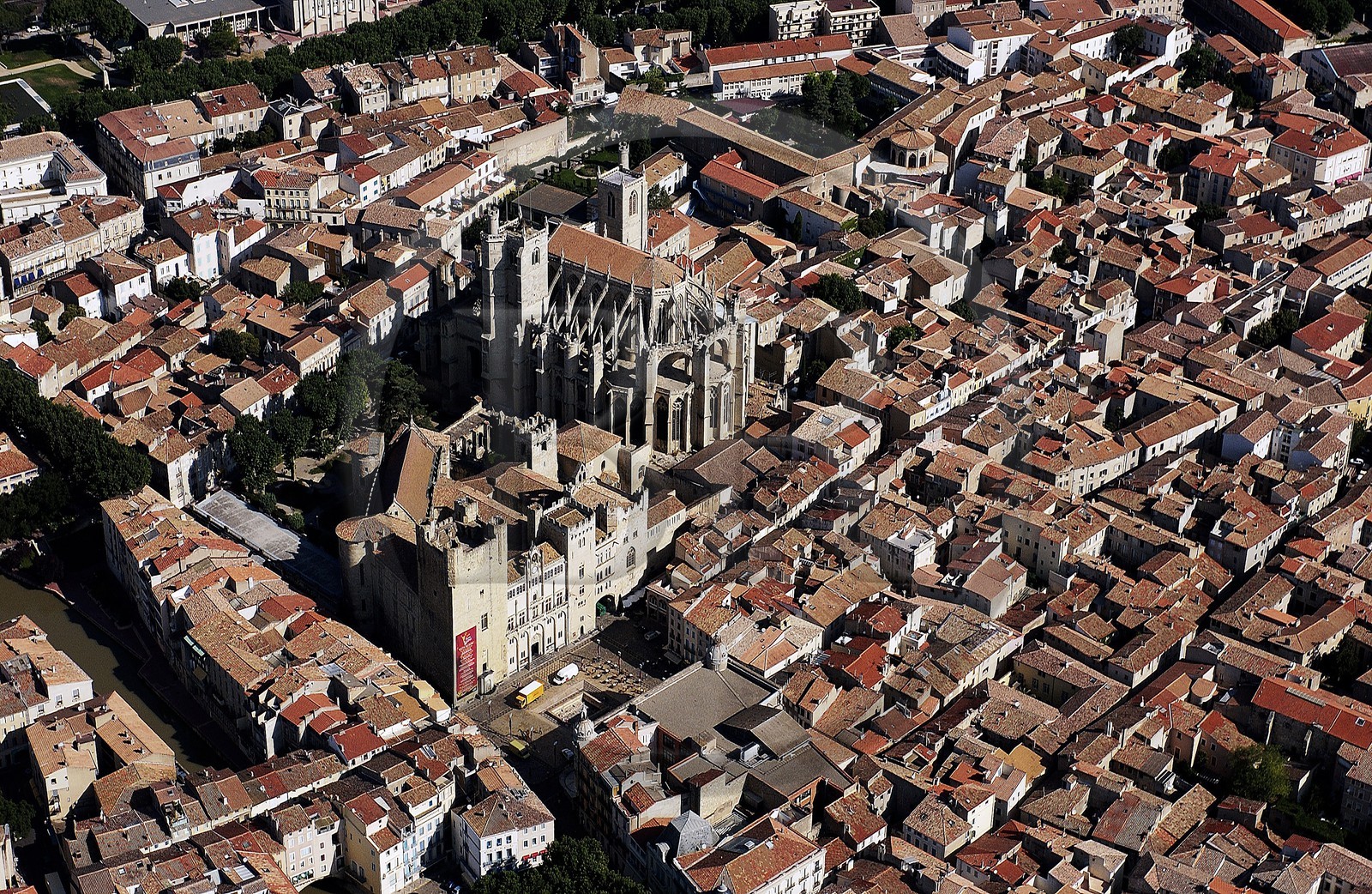 France, Aude, Archbishops palace (on left) and Saint Just and Saint Pasteur cathedral in Narbonne (aerial view)