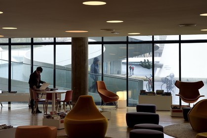 France, Seine Maritime, Le Havre, Downtown rebuilt by Auguste Perret listed as World Heritage by UNESCO, the little volcano artwork by architect Oscar Niemeyer, library and media library