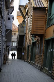Norway, Hordaland County, Bergen, wooden houses in Bryggen District, listed as World Heritage by UNESCO, former trading post of the Hanseatic League