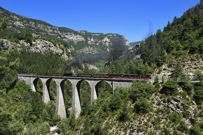 France, Alpes-de-Haute-Provence (04), les scaffarels vers Annot, le Train des Pignes franchit le viaduc de la Donne au dessus du Coulon