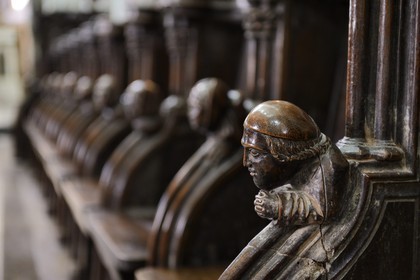 France, Ille-et-Vilaine (35), Baie du Mont-Saint-Michel, Dol-de-Bretagne, la cathédrale gothique Saint-Samson, de part et d'autre du chœur sont réparties 77 stalles datées du XIVème siècle sur deux rangs