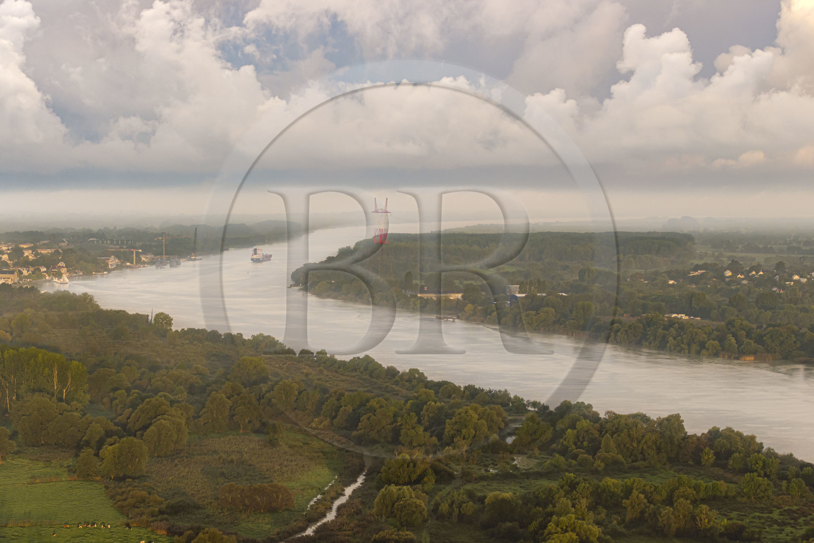 France, Loire-Atlantique (44), Le Pellerin, cargo descendant la Loire vers l'estuaire (vue aérienne)