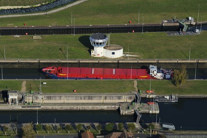 France, Eure, Port Mort, dam and locks on the Seine River (aerial view)