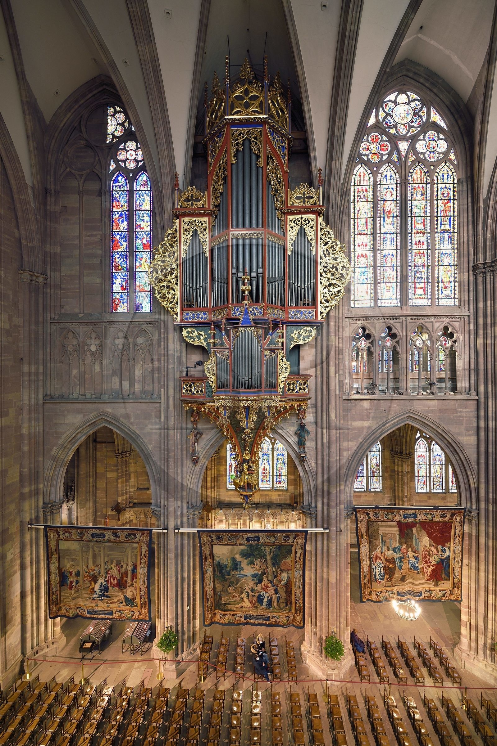 France, Bas Rhin, Strasbourg, old town listed as World Heritage by UNESCO, Notre Dame Cathedral, the great organ at the triforium level and the Scenes from the Life of the Virgin made at the request of Richelieu are a series of fourteen tapestries hung in the nave during the Advent period