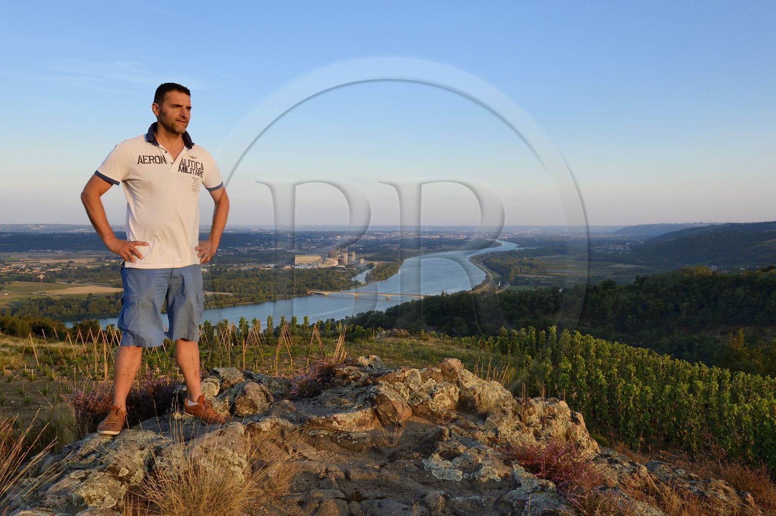 France, Loire, Parc Naturel Regional du Pilat (Natural Regional Park of Pilat), the domaine du Monteillet Stephane Montez, Stephane Montez in his vineyard overlooking the Rhone river, the Saint Alban nuclear power plant in the background