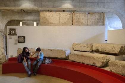 France, Rhone, Lyon, historical site listed as World Heritage by UNESCO, colline de Fourviere, Gallo-Roman Museum of Fourvière, inscription which attests the establishment of the amphitheater on the slopes of the Croix Rousse