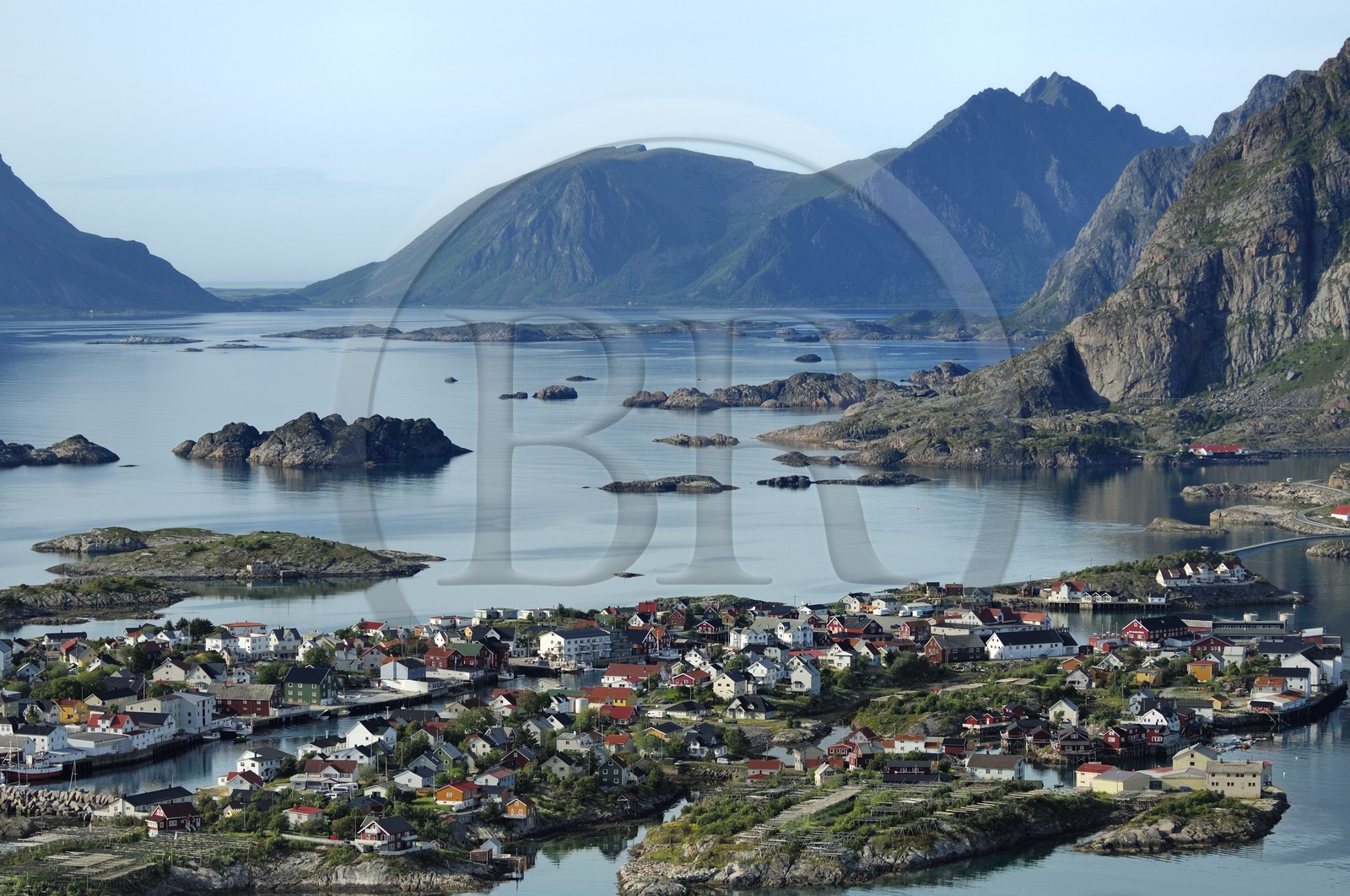 Norway, Nordland County, Lofoten Islands, Vagan island, port of Henningsvaer (aerial view)