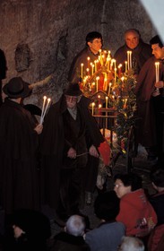 France, Bouches du Rhone, Les Baux de Provence village, labelled Les Plus Beaux Villages de France (The Most Beautiful Villages of France), Christmas celebrations, shepherd at the midnight mass