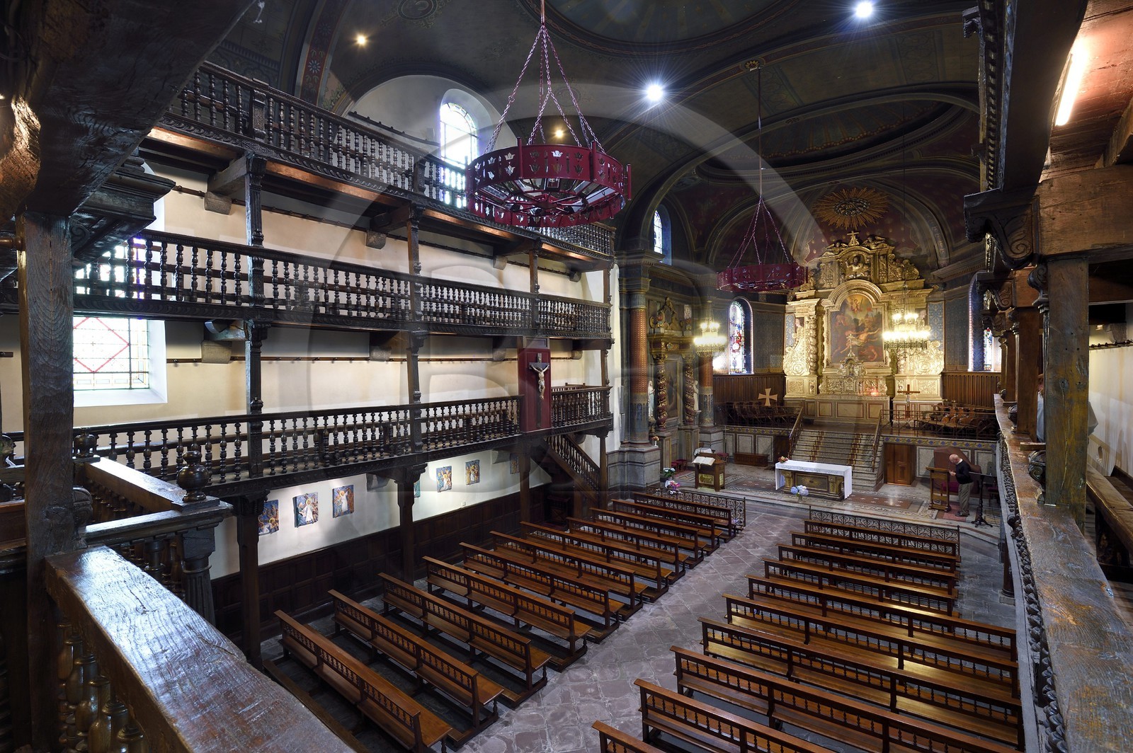France, Pyrenees Atlantiques, Basque Country, Cambo les Bains, the 17th century Saint-Laurent church and the wooden galleries of the nave