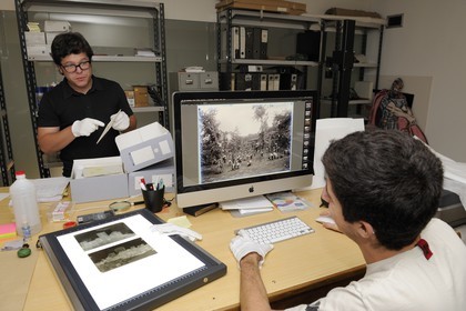 Portugal, Minho region, Guimaraes, town listed as World Heritage by UNESCO, Alfredo Pimenta municipal archives in the street Gravador Molarinho, Eduardo Brito and Claudio Rodriguez prepare the exhibition Re-imaginar Guimaraes
