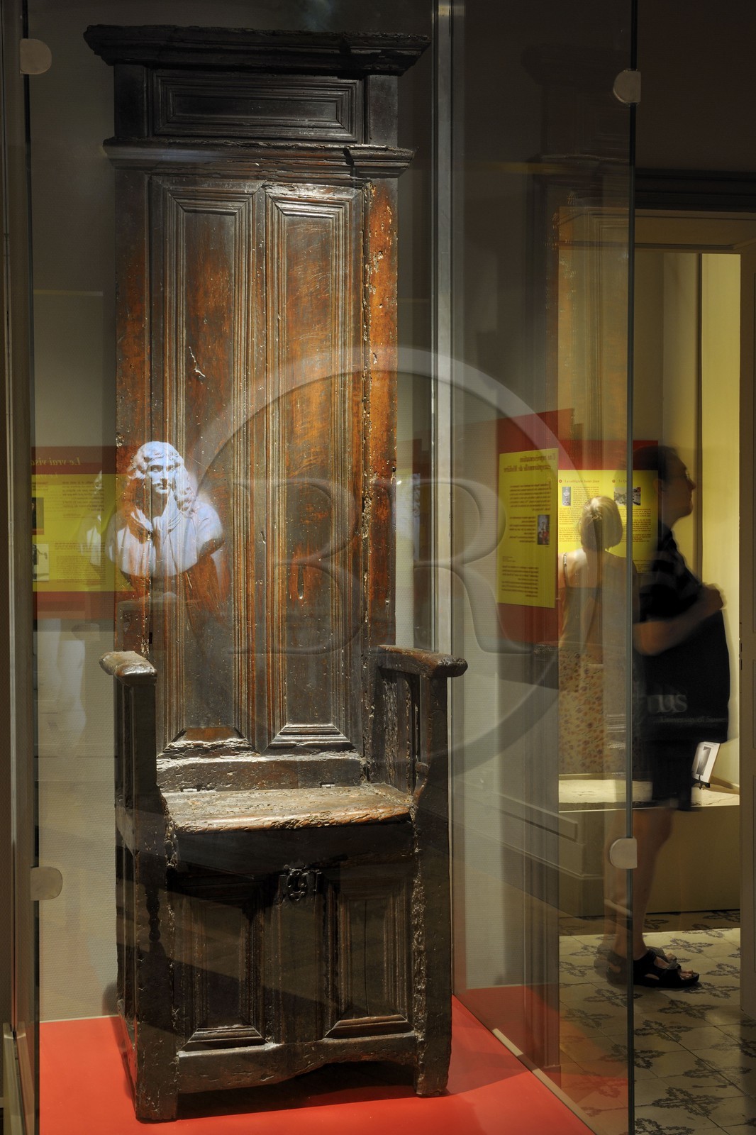 France, Herault, Pezenas, old city, hotel Saint Germain, nowadays Vulliod-Saint-Germain museum, Moliere's chair of the barber's shop Gely and the copy of Moliere's bust by Houdon