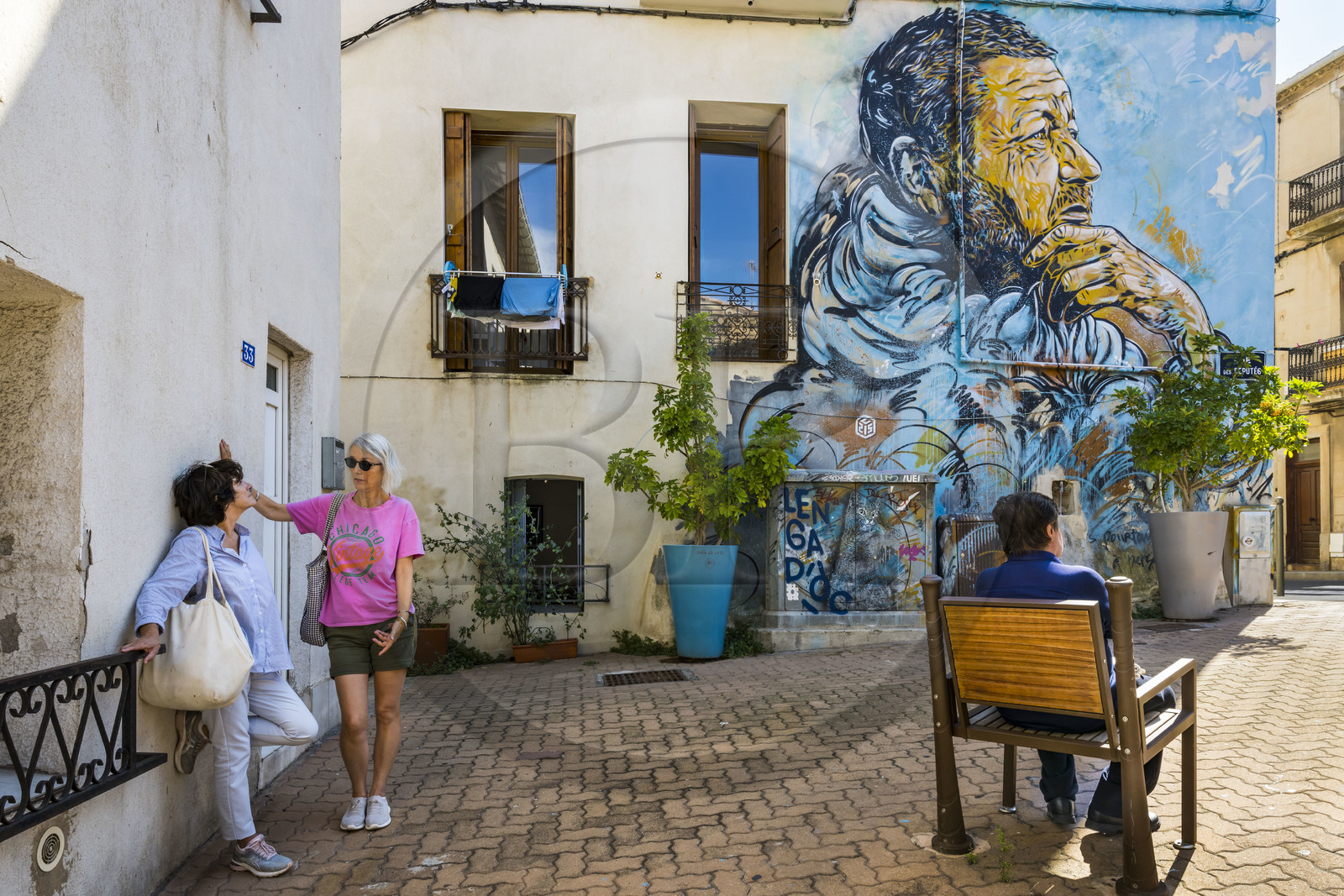 France, Herault, Sete,  Quartier Haut (the Upper Quarter), mural fresco which is part of the MACO (Musee à ciel ouvert) - Open-air museum, The Thinker of Sète by the artist C215 in the Rue des Députés