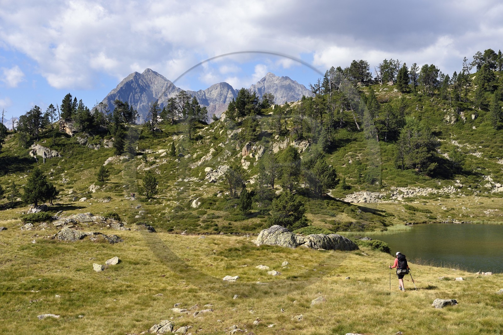 France, Hautes-Pyrénées (65), Saint-Lary-Soulan et Vielle-Aure, randonnée sur une variante du GR10 entre le col de Portet et les lacs de Bastan en bordure de la réserve naturelle de Néouvielle, lac de Bastan du milieu et le massif de Néouvielle en arrière plan