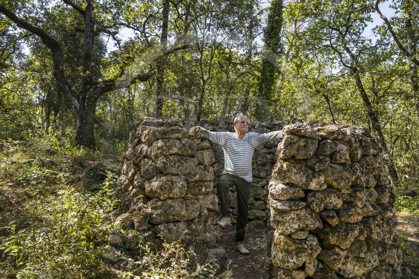 France, Var, Provence Verte (Green Provence), Bras village next to Saint Maximin, forest of the domaine Le Peyrourier - une campagne en Provence, Claude Fussler in a former shelter for hunting at the lookout called agachon