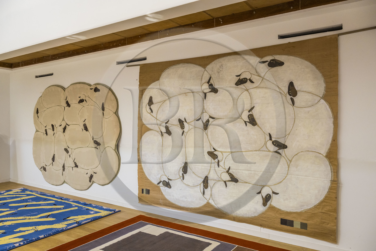 France, Herault, Lodève, Manufacture de la Savonnerie (Savonnerie manufactory) unique annex of the National Carpet Factory of the Savonnerie des Gobelins in Paris, Velvet carpet designed by François-Xavier Lalanne, Les Moutons (1986) collections of the Mobilier National and artist's cardboard