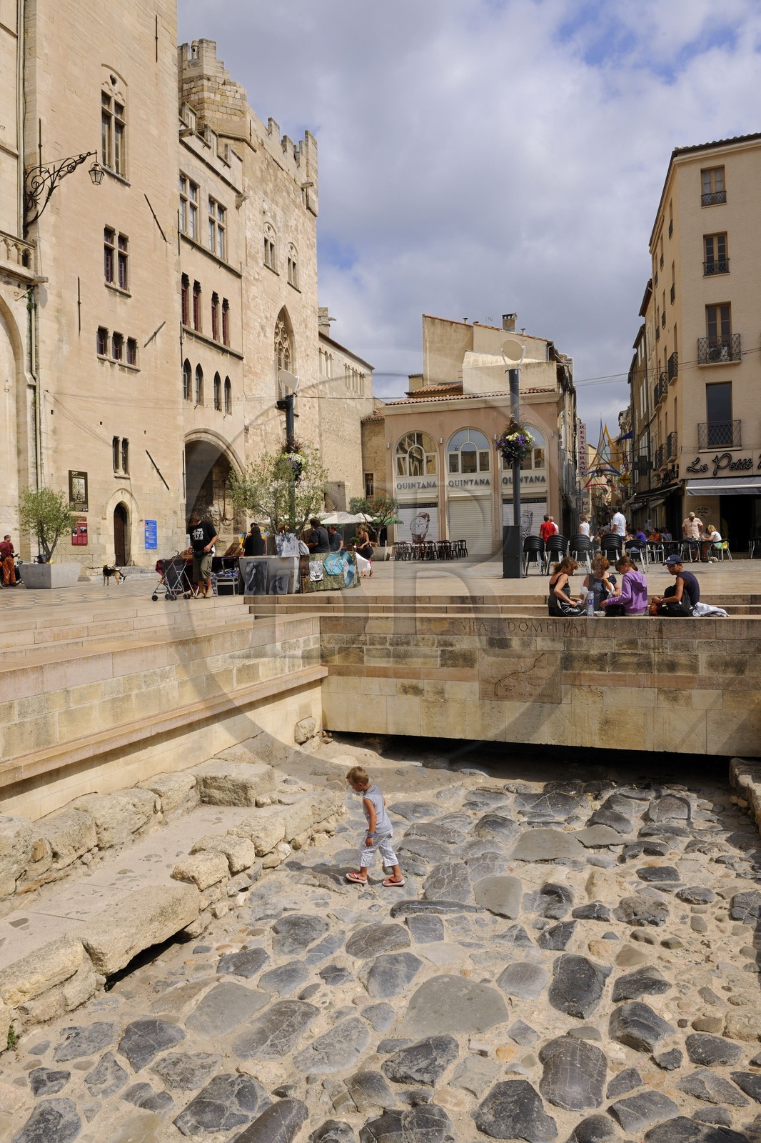 France, Aude, Narbonne, Place de l'Hotel de Ville, remains of the Via Domitia at the bottom of Palais des Archeveques (the Archbishops Palace)