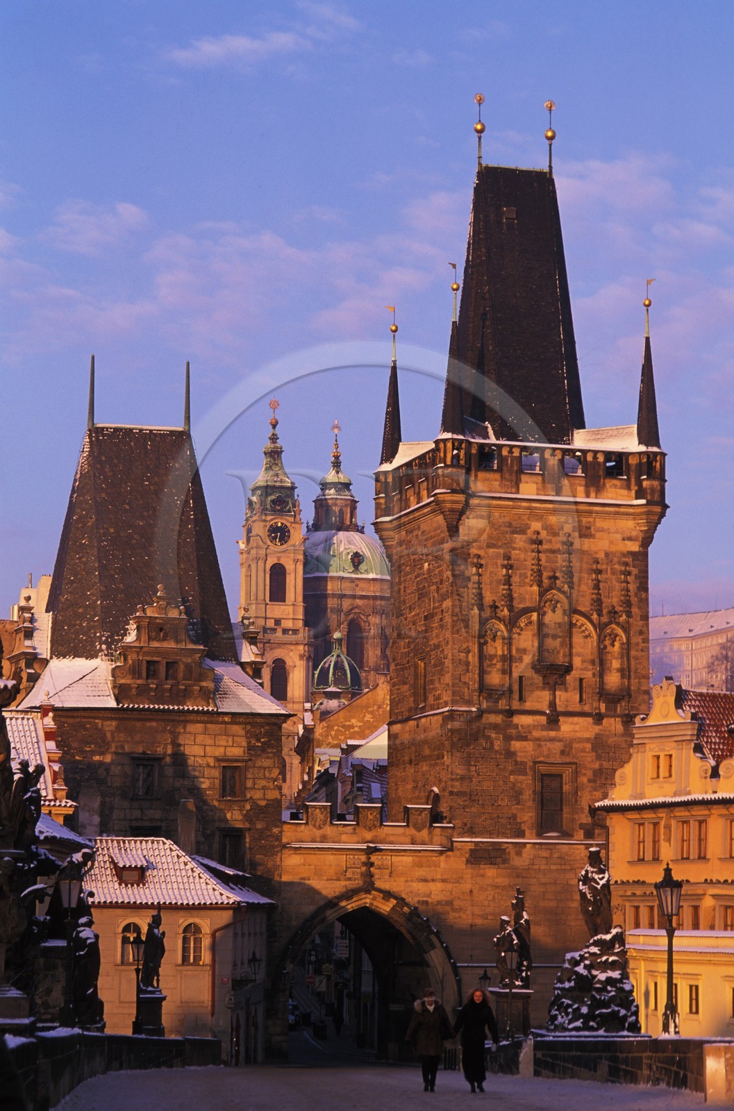 Czech Republic, Prague, Charles Bridge on Vltava river, Mala Strana Gate and Saint Nicolas church
