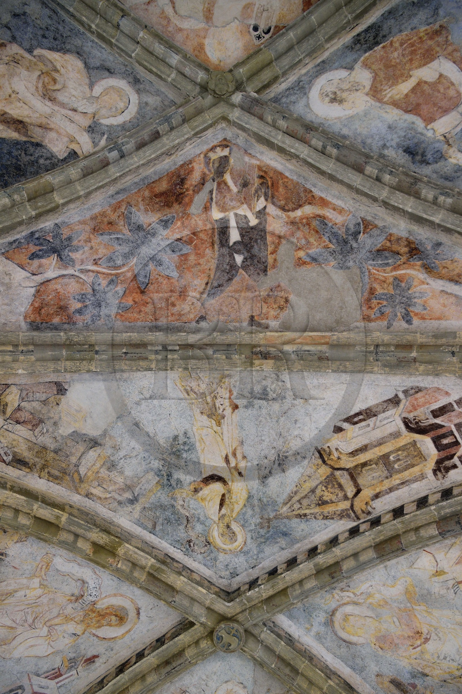 Switzerland, Canton of Vaud, Veytaux, Chillon castle on the shores of Lake Geneva (Lac Leman), 14th century murals in the Saint-Georges chapel