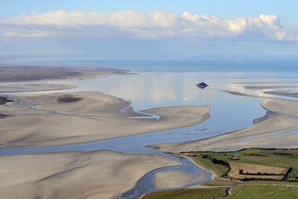 France, Manche, Bay of Mont Saint Michel, listed as World Heritage by UNESCO, Tombelaine Island at low tide (aerial view)