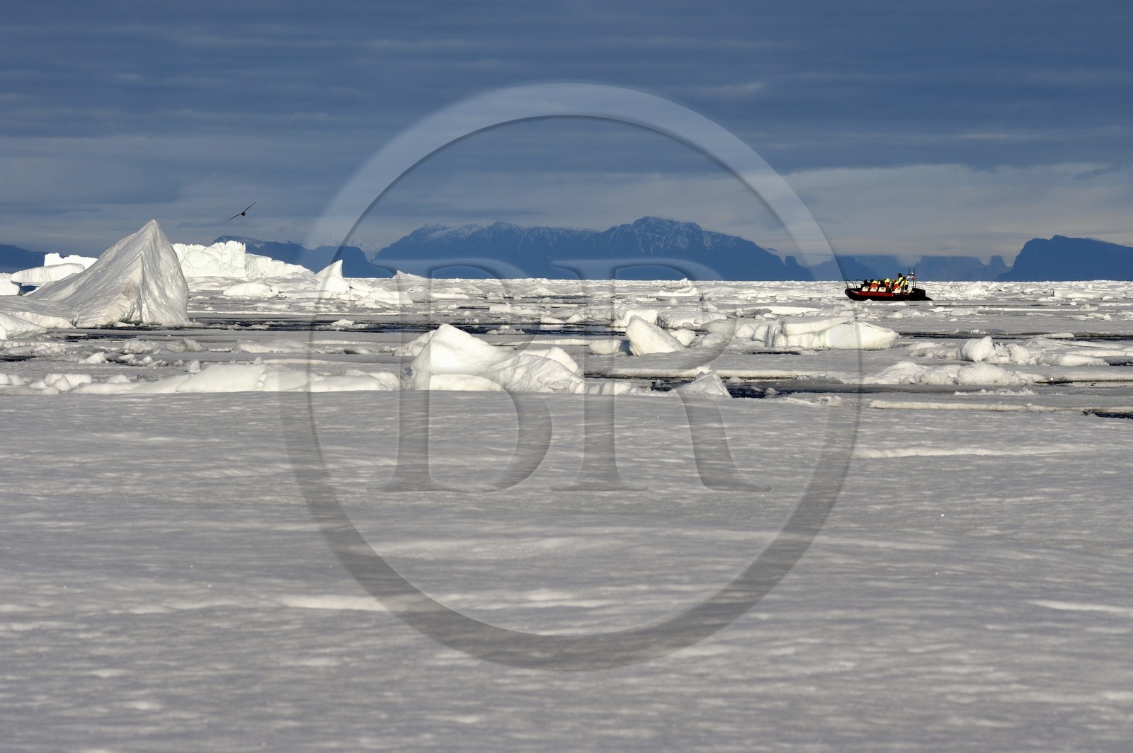 Groenland, cote Nord-Ouest, Smith sound au nord de la baie de Baffin, morceaux de glace de la banquise arctique et un PolarCirkel boat (zodiac) d'exploration du bateau de croisière MS Fram de la compagnie Hurtigruten, iceberg géant en arrière plan vers la côte canadienne de l'ile d'Ellesmere