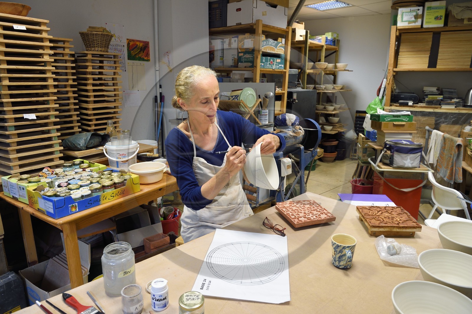 France, Var, Seillans, labelled Les Plus Beaux Villages de France (The Most Beautiful Villages of France), Fabienne Pesenti manufactures handcrafted ceramics and mosaics in the Atelier des Couronnes located in the Old Bouchonnerie