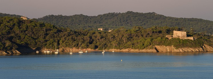 France, Var (83), Iles d'Hyères, parc national de Port Cros, Ile de Porquerolles, la baie et le Fort de l'Alycastre