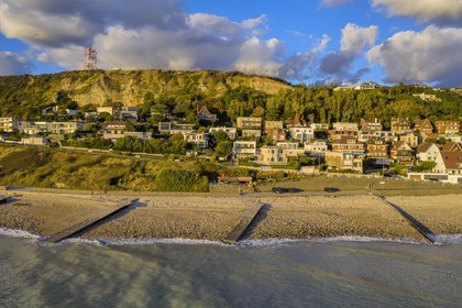 France, Seine Maritime, the town of Sainte-Adresse extends by the coast Le Havre, café and place said Le Bout du Monde towards the cap de la Hève(aerial view)