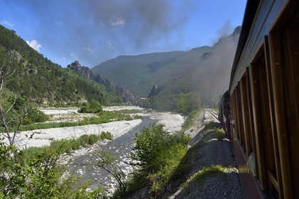 France, Alpes de Haute Provence, Entrevaux Medieval city fortified by Vauban, Train des Pignes historic train along the Var river and the citadel in the background