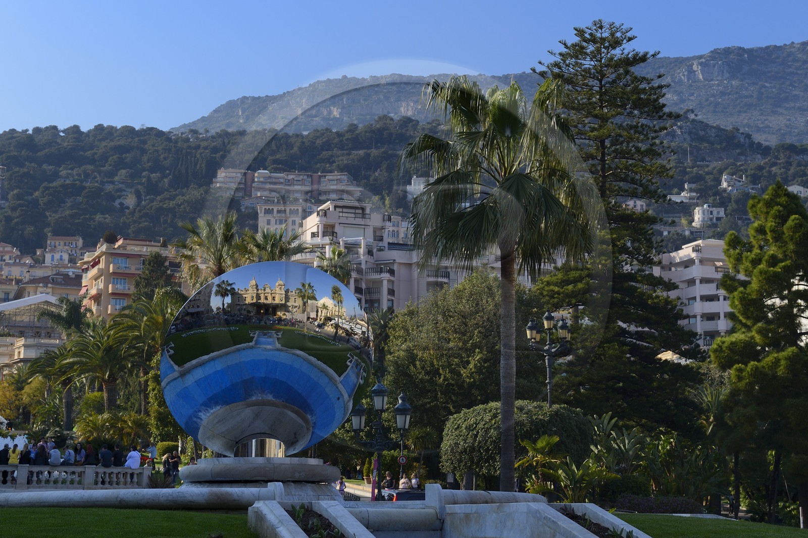 Principality of Monaco, Monaco, Societe des Bains de Mer de Monaco, Place du Casino (Casino square) and the casino reflection in the work Sky Mirror (1999) of Amish Kapoor, Compulsory Mention : Societe des Bains de Mer de Monaco