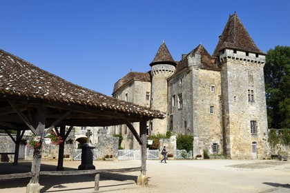 France, Dordogne, Périgord Vert, Saint Jean de Cole, labelled Les Plus Beaux Villages de France (The Most beautiful Villages of France), Marthonye or Marthonie castle and the covered market
