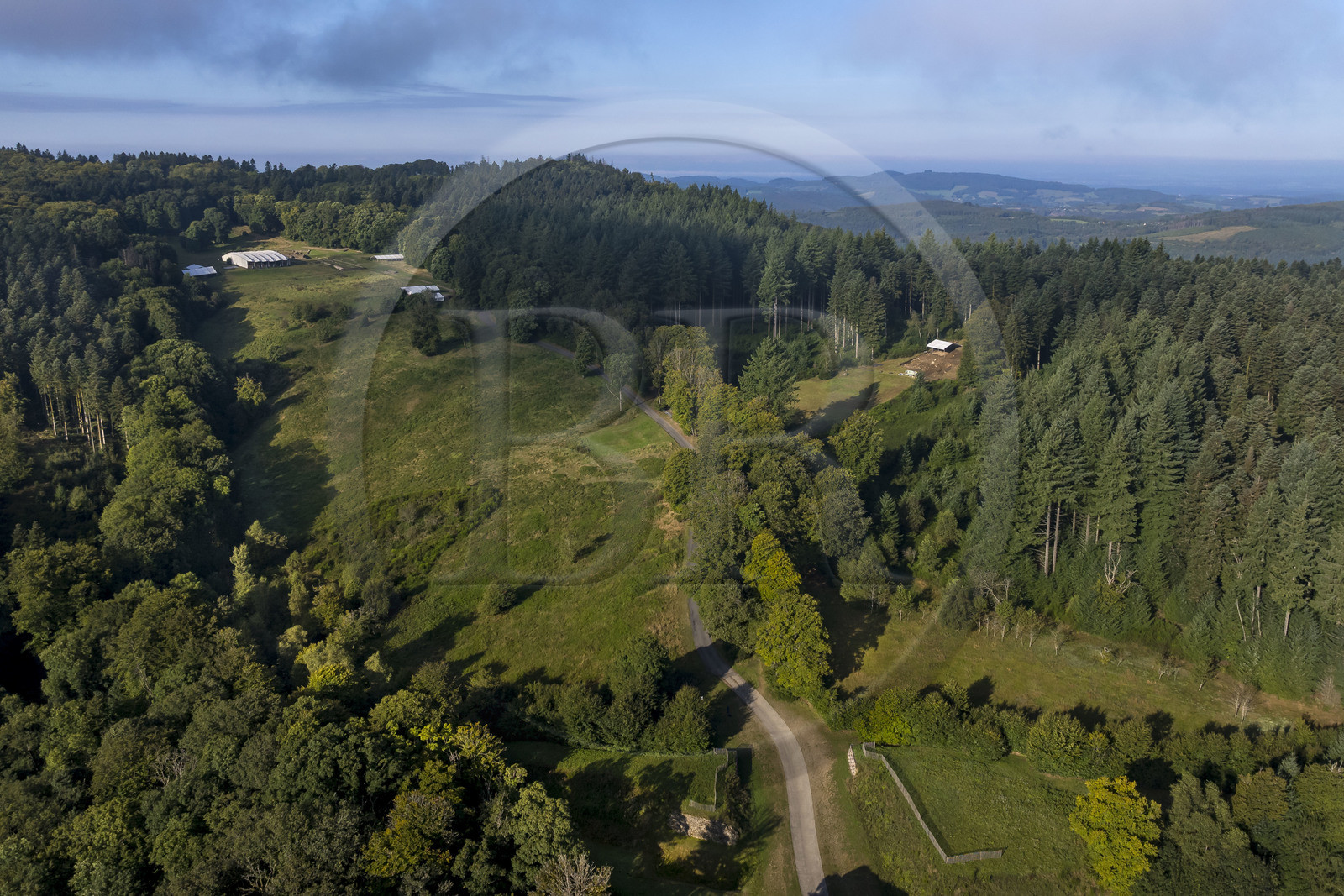 France, Saone et Loire, regional natural park of Morvan, Saint Leger sous Beuvray, Bibracte on Mont Beuvray, a Gaulish oppidum capital of the Aedui and one of the most important hillforts in Gaul, the fortified entrance to the site on the former rampart (aerial view)