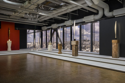 France, Paris, Les Halles district, the Pompidou Center also called Beaubourg, National Museum of Modern Art (MNAM), Brancusi retrospective exhibition, L'Envol, sculptures from the Birds in Space series, in the background the Sacré-Coeur basilica on the Butte Montmartre