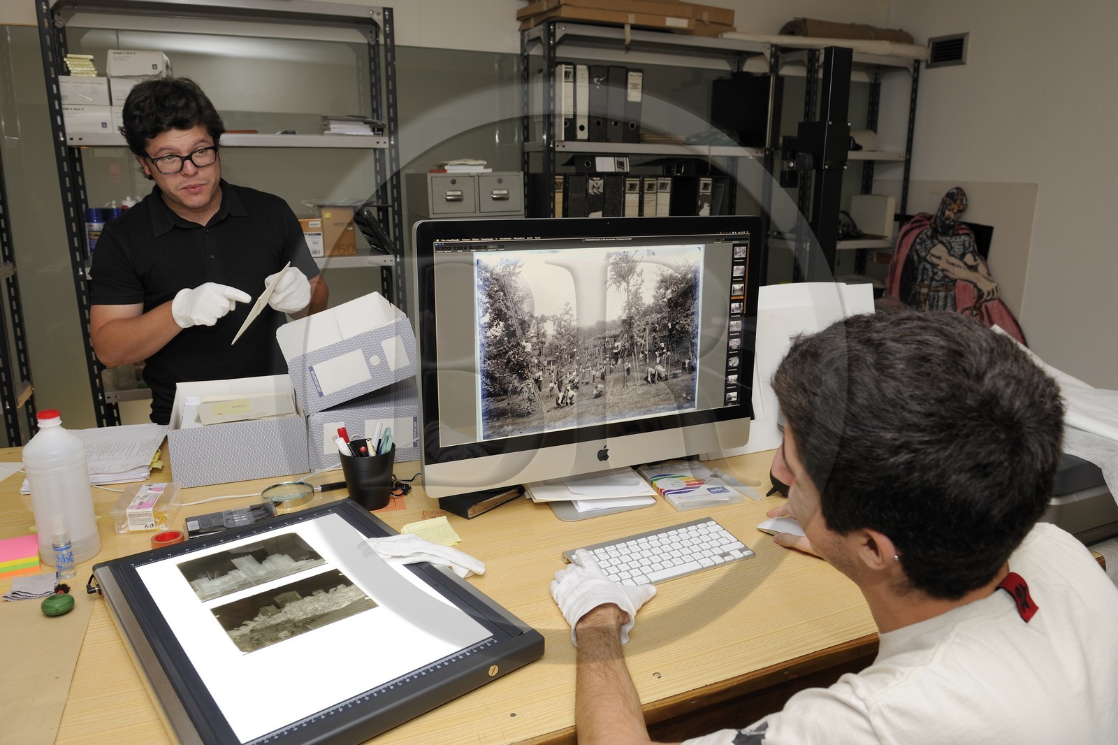 Portugal, Minho region, Guimaraes, town listed as World Heritage by UNESCO, Alfredo Pimenta municipal archives in the street Gravador Molarinho, Eduardo Brito and Claudio Rodriguez prepare the exhibition Re-imaginar Guimaraes