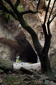 France, Var (83), entre Bagnols-en-Forêt et Roquebrune-sur-Argens, randonnée dans les Gorges du Blavet, la grotte du Muéron, habitat préhistorique, le guide accompagnateur Eric Gorlet