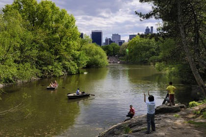 Etats-Unis, New York, Manhattan, Central Park, promenade en barque sur le lac et les gratte-ciels de Midtown