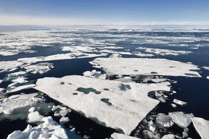 Greenland, North West coast, Smith sound north of Baffin Bay, broken pieces of Arctic sea ice and the Canadian coast of Ellesmere Island in the background