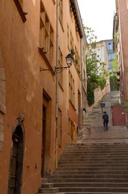 France, Rhone, Lyon, historical site listed as World Heritage by UNESCO, St. Paul neighborhood in the Vieux Lyon (Old Town), Montée du Change extending the rue de la Loge
