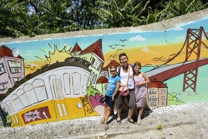 Portugal, Lisbonne, quartier de l'Alfama, fresque représentant les principaux centres d'attractions de la ville dans la rue Costa do Castello