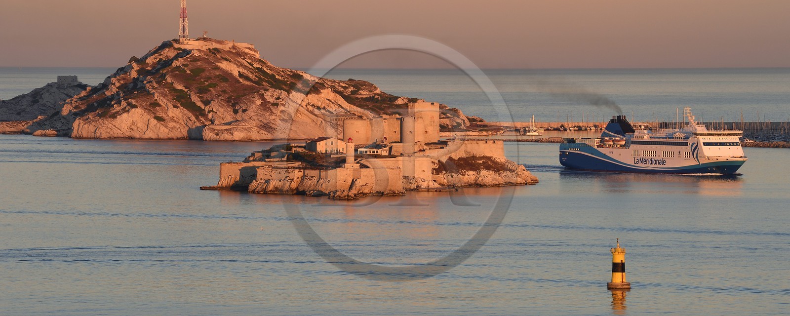 France, Bouches du Rhone, Marseille, Calanques National Park, archipelago of Frioul islands, La Meridionale Ferry arriving from Corsica and the Chateau d'If in the foreground