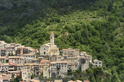 France, Alpes-Maritimes, the hilltop village of Lucéram dominated by the St Margaret Church