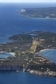 France, Corse du Sud, Bonifacio, Cavallo Island and the cliffs of Bonifacio in the background (aerial view)