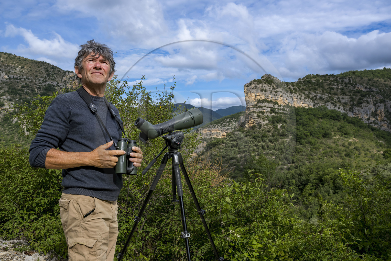France, Drome, regional natural park of Baronnies provencales, Saint-May, Christian Tessier, director of the Vautours en Baronnies association, observing griffon vultures