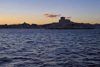 France, Bouches du Rhone, Marseille, Calanques National Park, island of the archipelago of islands of Frioul, Chateau d'If, Notre Dame de la Garde in the background