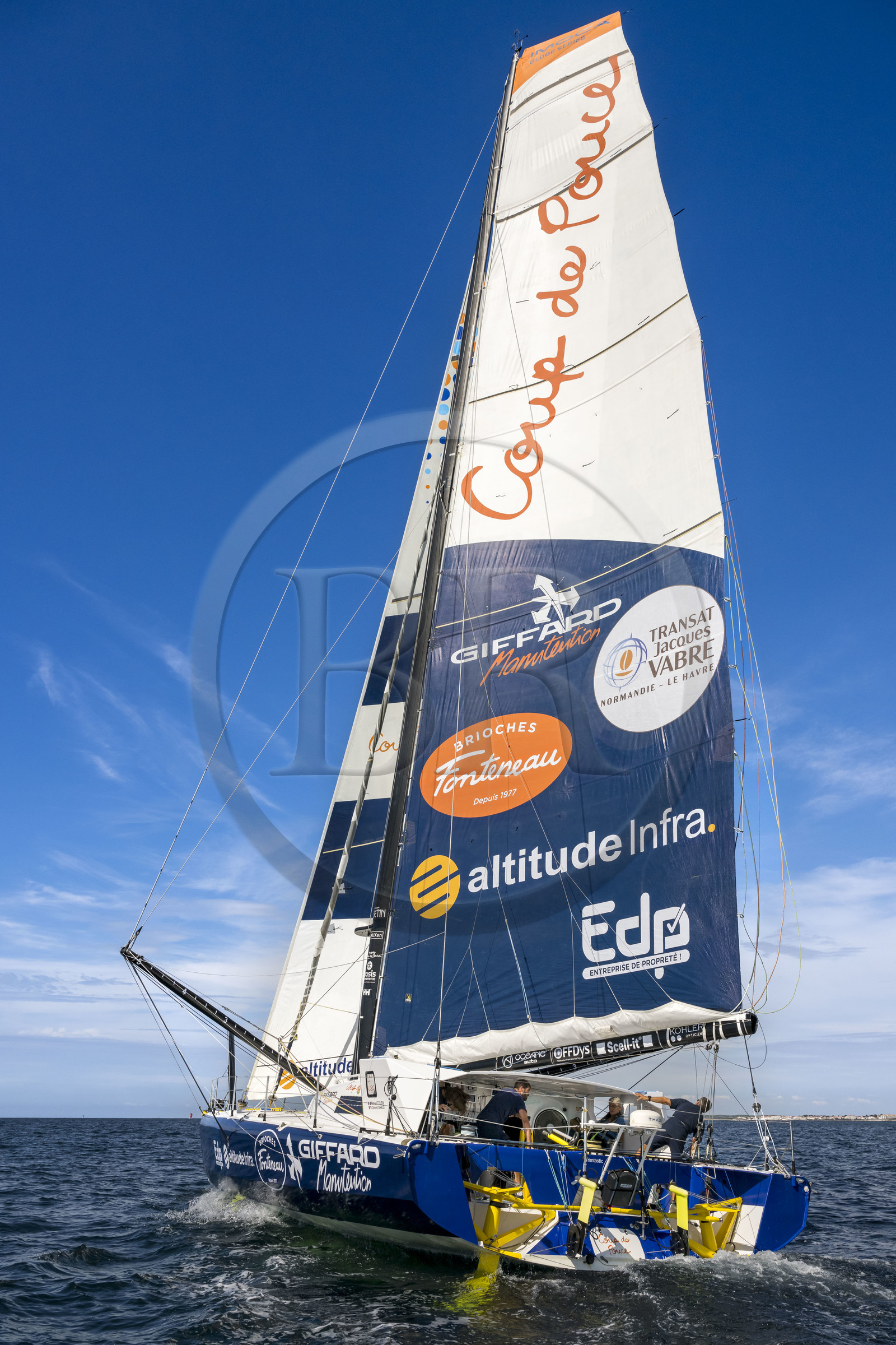 France, Vendee, Les Sables d'Olonne, skipper Manuel Cousin training on his 60-foot monohull sailboat IMOCA Coup de Pouce